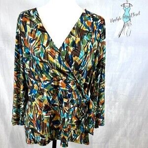SLB woman colorful abstract print faux wrap top size 1X